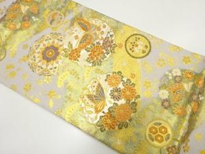 未使用品　金糸　蝶に華紋・草花模様織り出し　袋帯